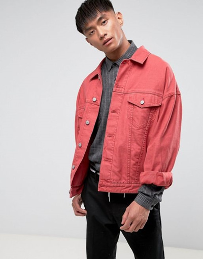 red oversized denim jacket