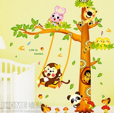 Removable Wall Stickers Bedroom Monkey Swing Tree Nursery Classroom Cartoon Animal Stickers Children