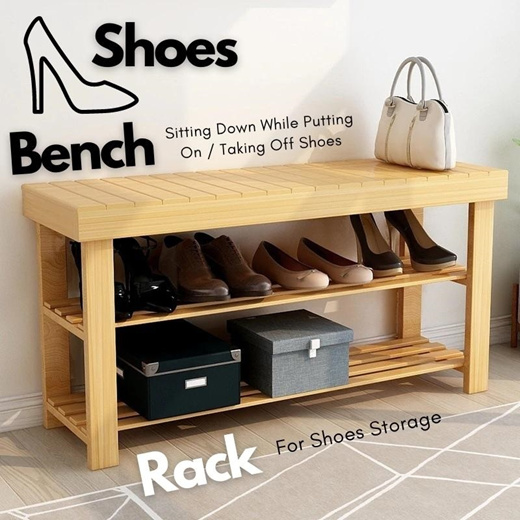 Shoe Rack Bench Convenient Seat for Wearing Taking off Shoes Strong Durable Bamboo Shoe Organizer
