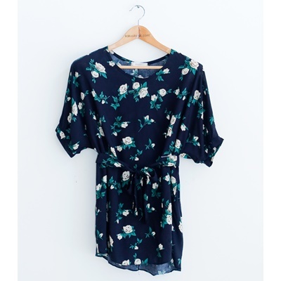 09. belt set floral blouse - navy tone - free