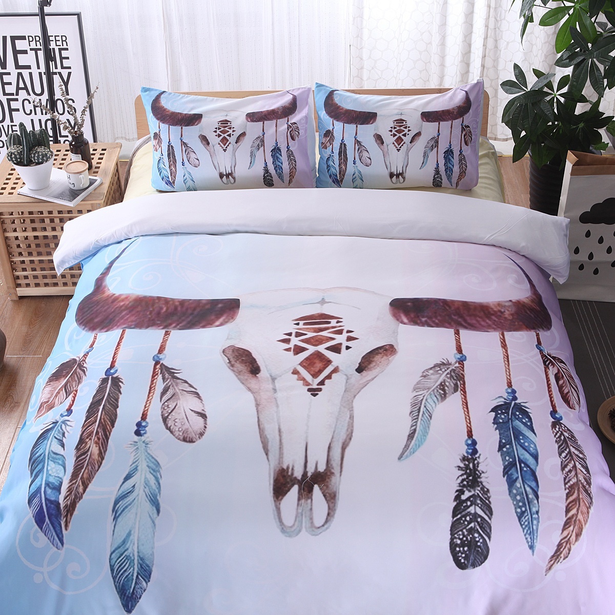 Qoo10 2 3pcs Colorful Indian Cow Skull Feather Bedding Sets 3d