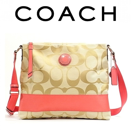 COACH Signature Stripe File Bag Khaki Coral 19220 F19220 SIGCO 100 AU. Bag Wallets Qoo10