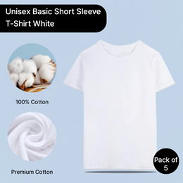 100% Cotton Unisex Basic Short Sleeve T-Shirt White 5 Piece Set