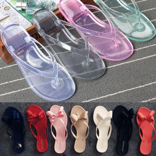 Womens Bow Knot Summer Flip Flops Flat Thongs Clear Transparent Sandals Slippers