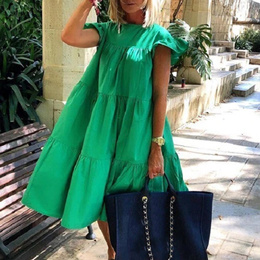 Plus Size O Neck Big Swing Solid Casual Dress with Feifei Sleeve for Summer Holiday Beach