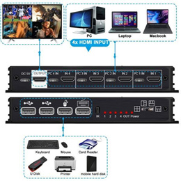 Keyboard Mouse Selector KVM Switch KVM HDMI Multiviewer Switch 4K 4 In 1 Out Video Cutting 4x1 Seaml