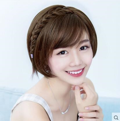 Korean Female Short Hair Wigs Whole Top Oblique Bangs Short Straight Hair Bobo Bob Wig Realistic Lon