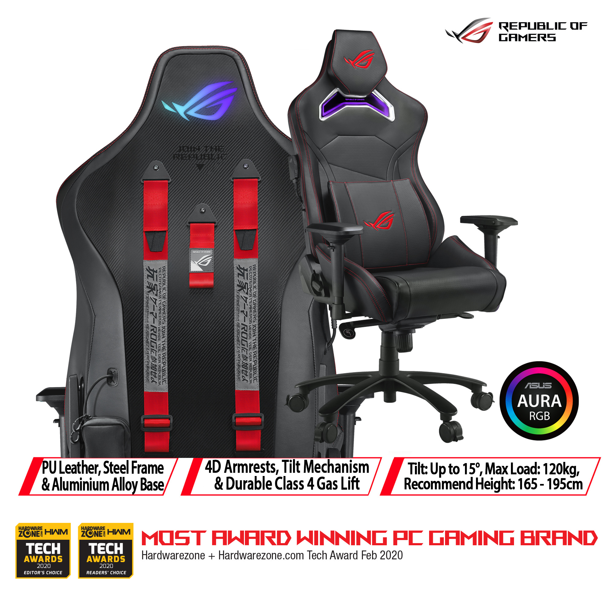 asusasus rog chariot rgb gaming chair in racingcar style featuring an  adjustable highdensity foam
