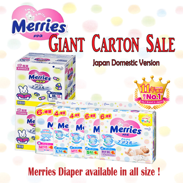 $50 After CouponBundle Of 3 Merries Giant diaper carton saleTape n PantsAVAILABLE IN ALL SIZEApply Qoo10 coupon for CRAZY DEAL