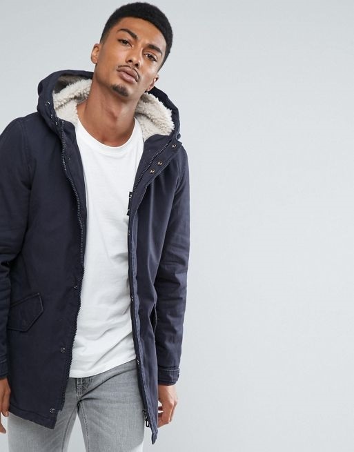 only & sons parka with fleece lined hood