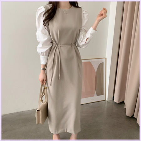 Qoo10 - Volume sleeve H-line color matching dress beige black ocg ...