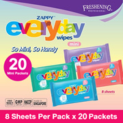 Zappy Everyday Mini Wipes x 20 Packets / Antibacterial Wet Wipes/ 8 Sheets per Packet! Made in SG