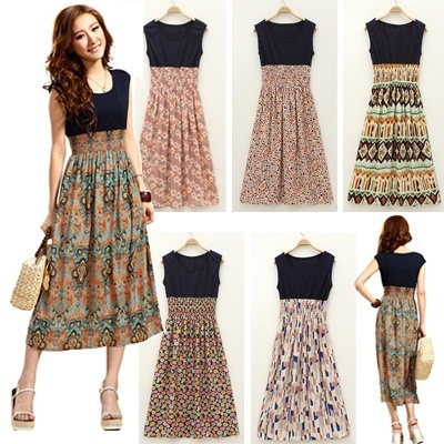 Floral Long Dress / Fashion Flower Pattern One-piece Dress / Cotton ...